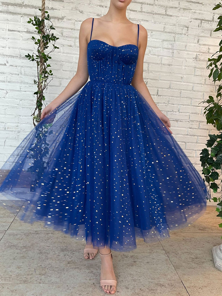 Royal Blue Tea Length Tulle Prom ...